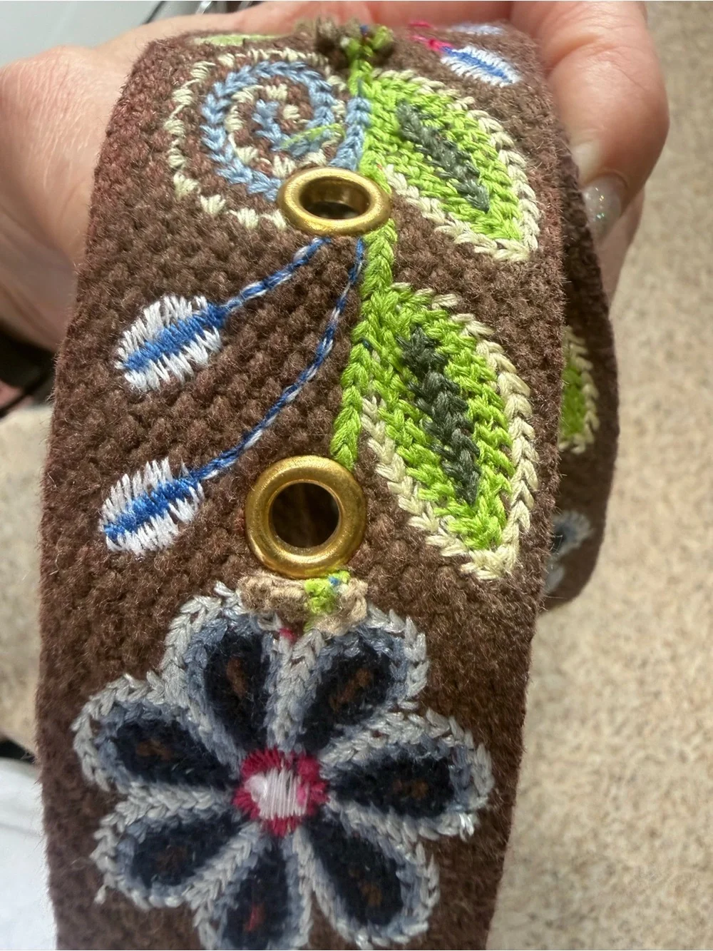 Embroidered Brown Floral Belt with Brass Eyelets